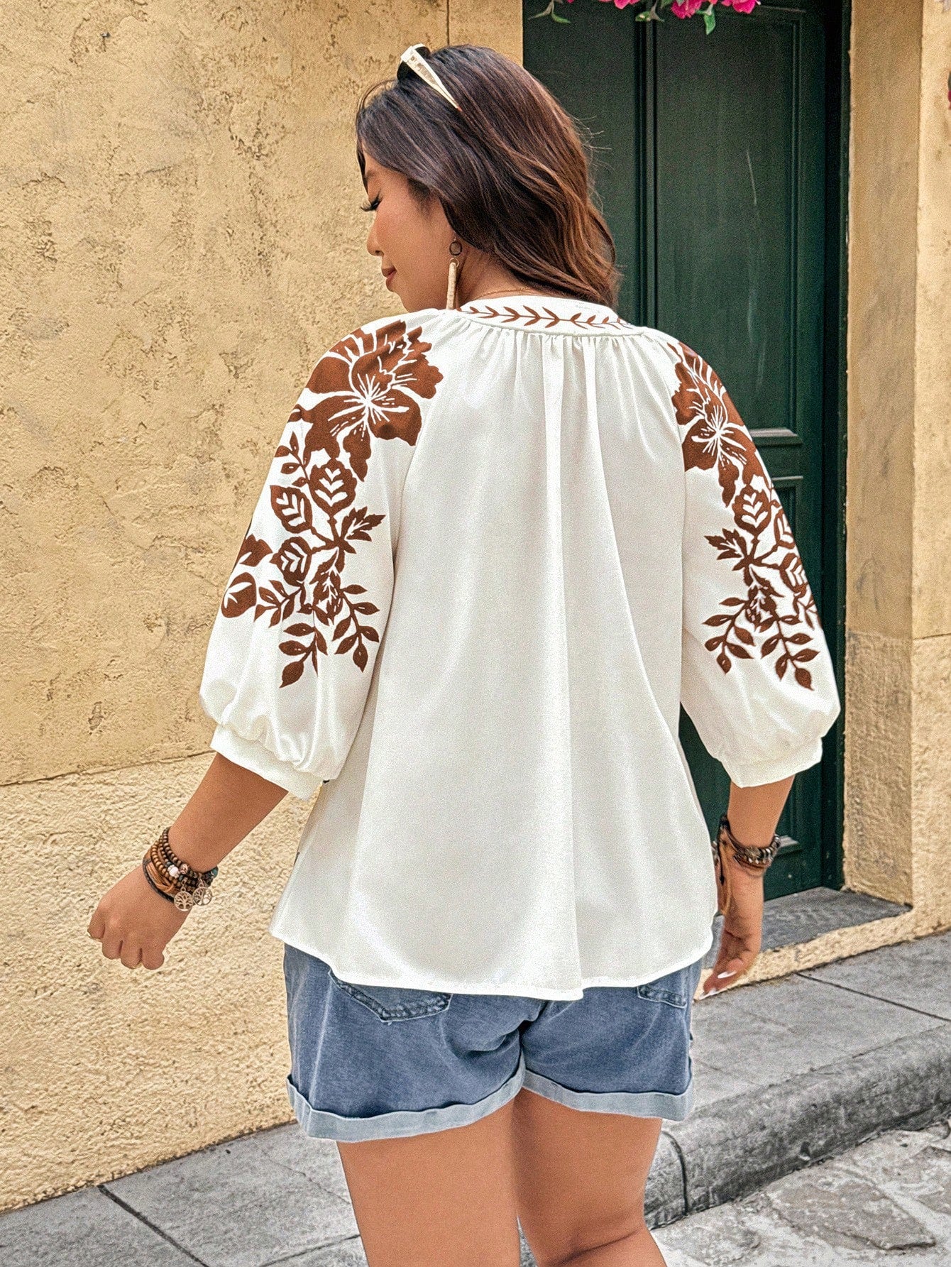 Linhara Fashionable Casual Vacation Retro Elegant Commute 3/4 Sleeve Blue Floral Print Shirt Fall