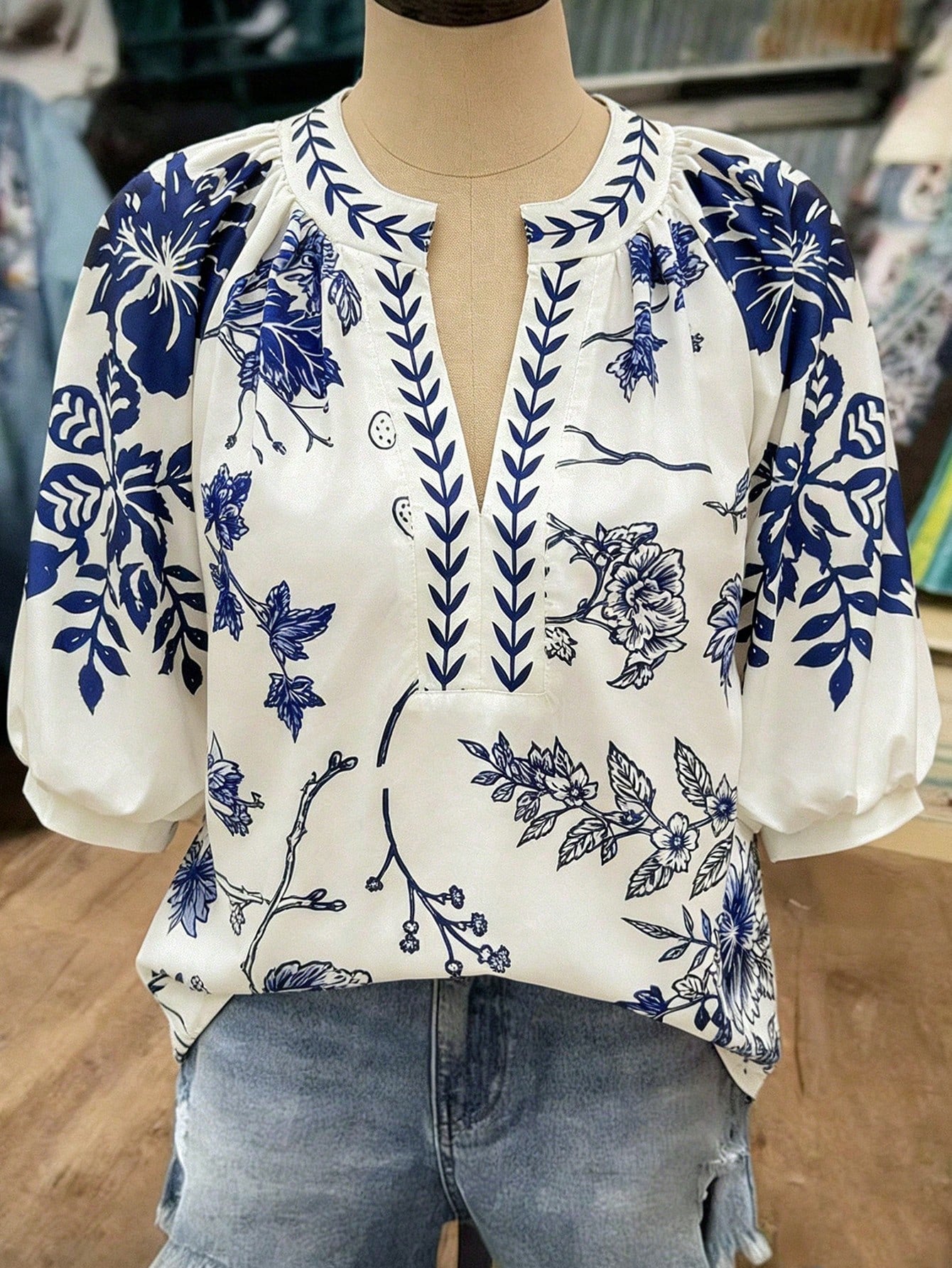 Linhara Fashionable Casual Vacation Retro Elegant Commute 3/4 Sleeve Blue Floral Print Shirt Fall