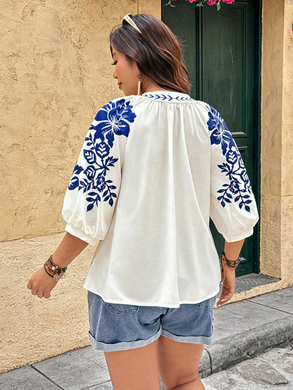 Linhara Fashionable Casual Vacation Retro Elegant Commute 3/4 Sleeve Blue Floral Print Shirt Fall