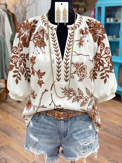 Linhara Fashionable Casual Vacation Retro Elegant Commute 3/4 Sleeve Blue Floral Print Shirt Fall