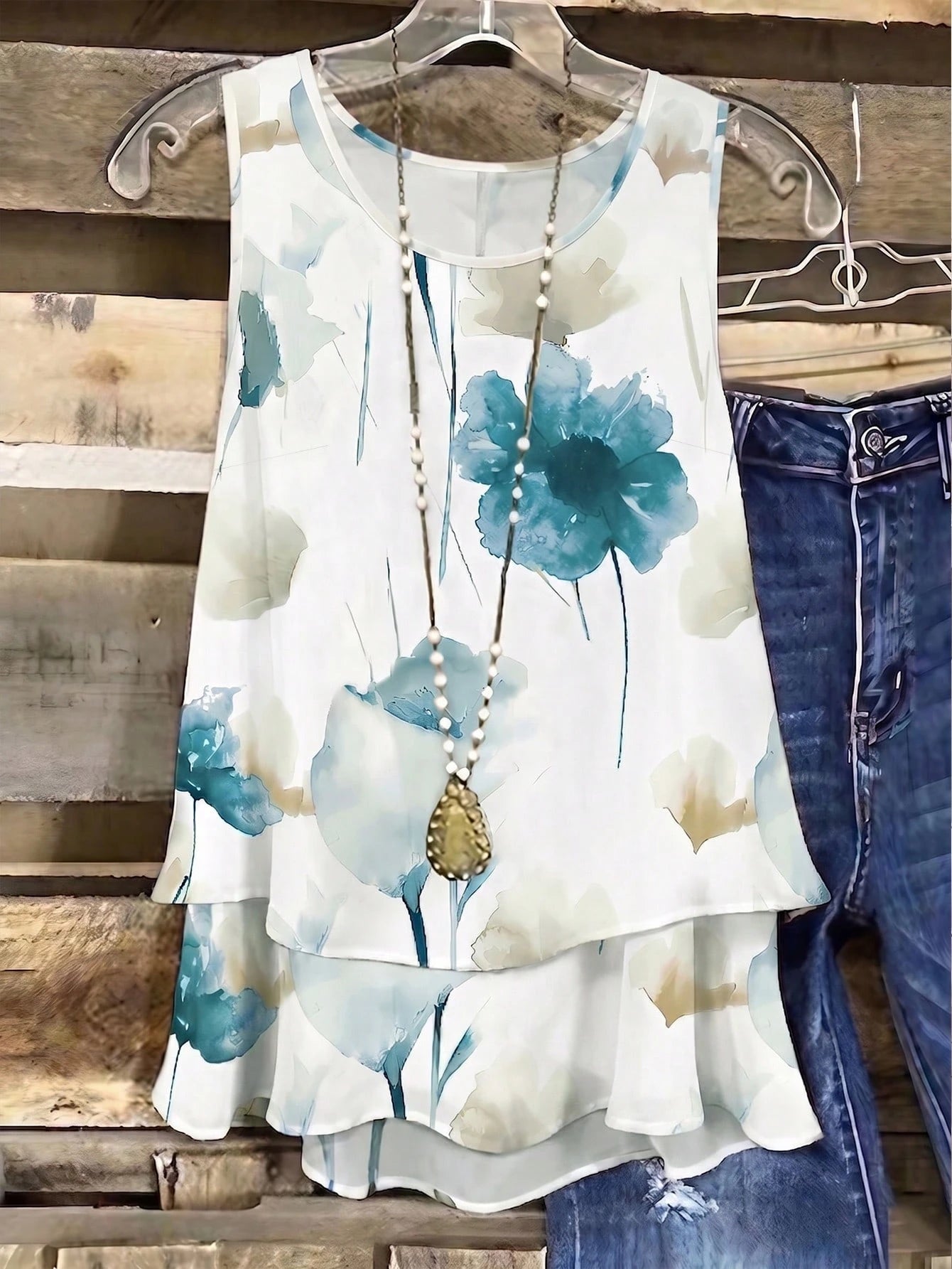 Linhara Plus Size Lightweight Luxury High-End Fresh Print Double Layer Camisole Tank Top Summer Casual Outing Party Top
