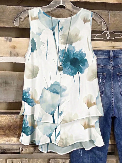 Linhara Plus Size Lightweight Luxury High-End Fresh Print Double Layer Camisole Tank Top Summer Casual Outing Party Top