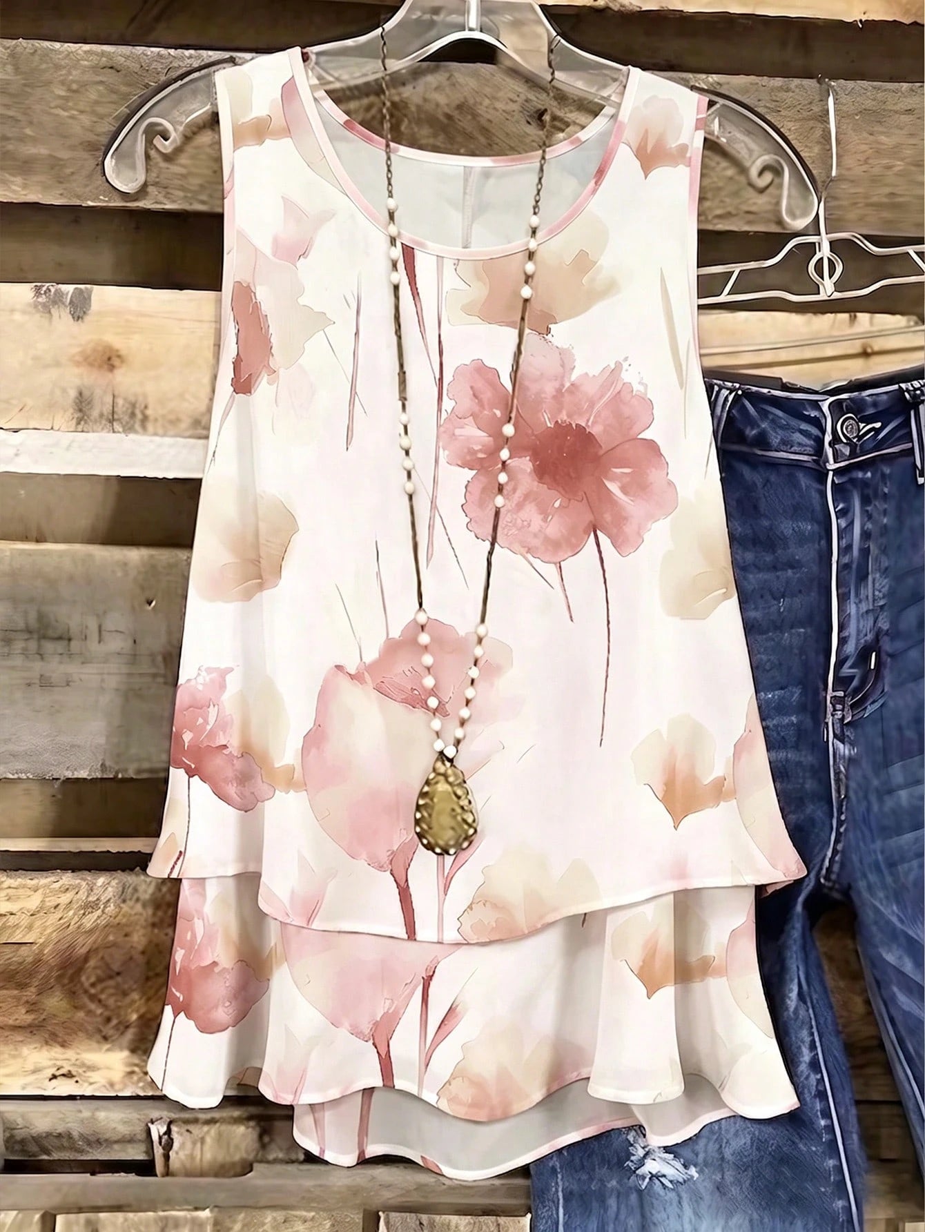 Linhara Plus Size Lightweight Luxury High-End Fresh Print Double Layer Camisole Tank Top Summer Casual Outing Party Top