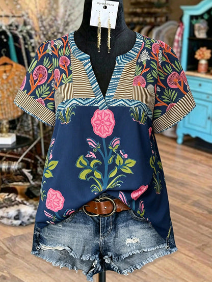 Linhara Plus Size Women's Navy Blue Boho Floral Print & Striped V-Neck Short Sleeve Casual Blouse,Vintage Versatile Summer Vacation Holiday,Daily Wear