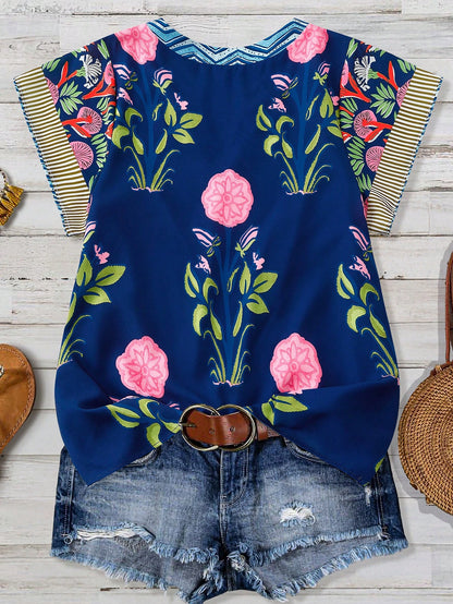 Linhara Plus Size Women's Navy Blue Boho Floral Print & Striped V-Neck Short Sleeve Casual Blouse,Vintage Versatile Summer Vacation Holiday,Daily Wear