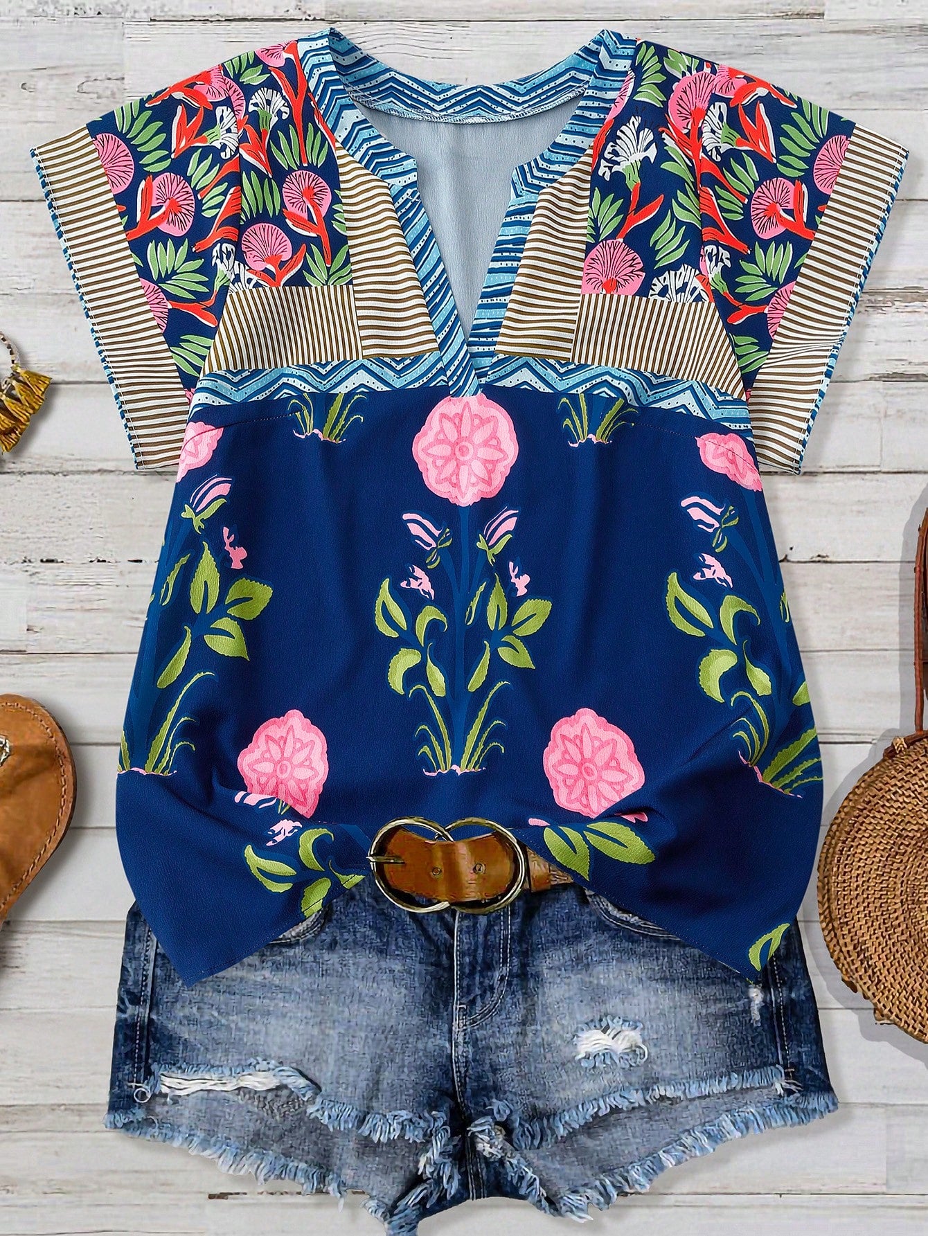 Linhara Plus Size Women's Navy Blue Boho Floral Print & Striped V-Neck Short Sleeve Casual Blouse,Vintage Versatile Summer Vacation Holiday,Daily Wear