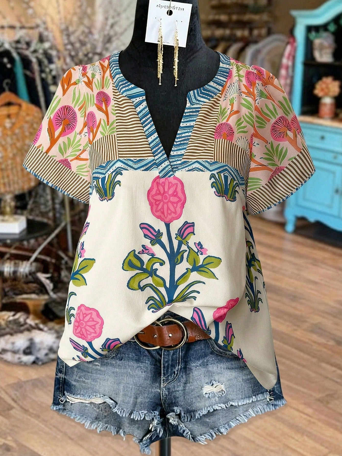 Linhara Plus Size Women's Navy Blue Boho Floral Print & Striped V-Neck Short Sleeve Casual Blouse,Vintage Versatile Summer Vacation Holiday,Daily Wear