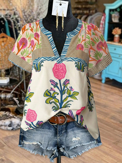 Linhara Plus Size Women's Navy Blue Boho Floral Print & Striped V-Neck Short Sleeve Casual Blouse,Vintage Versatile Summer Vacation Holiday,Daily Wear