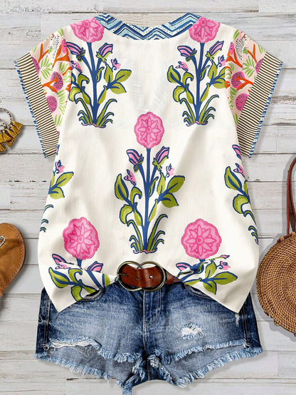 Linhara Plus Size Women's Navy Blue Boho Floral Print & Striped V-Neck Short Sleeve Casual Blouse,Vintage Versatile Summer Vacation Holiday,Daily Wear