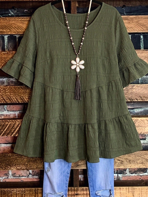 Linhara Plus Size Women's Summer Army Green Boho Vacation Top,Round Neck Ruffle Trim Short Sleeve Textured Plaid Bohemian Clothes