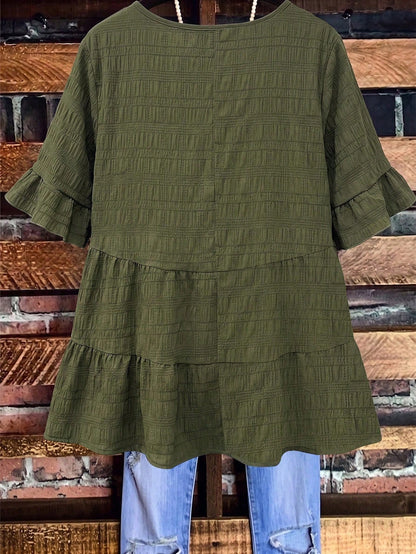 Linhara Plus Size Women's Summer Army Green Boho Vacation Top,Round Neck Ruffle Trim Short Sleeve Textured Plaid Bohemian Clothes