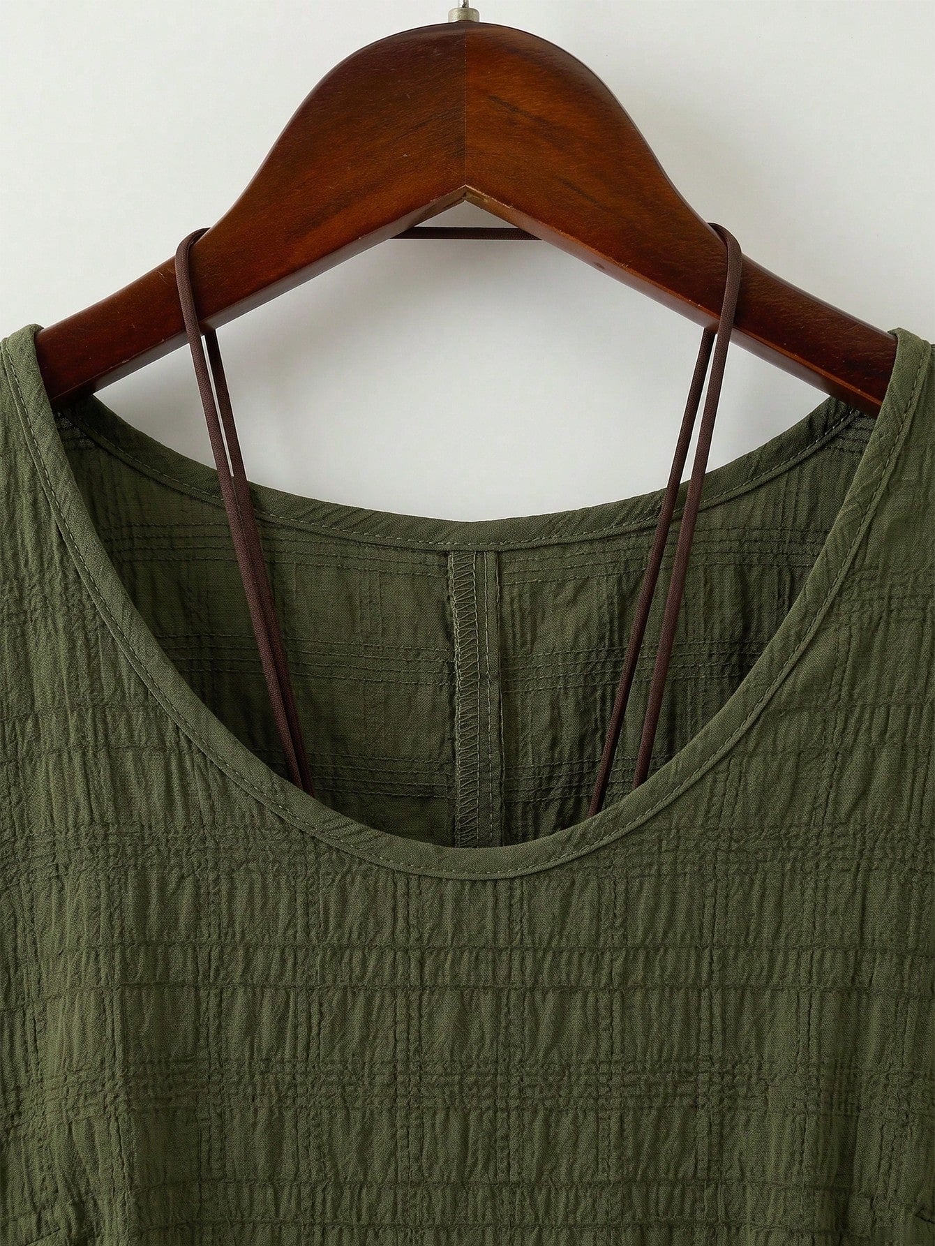 Linhara Plus Size Women's Summer Army Green Boho Vacation Top,Round Neck Ruffle Trim Short Sleeve Textured Plaid Bohemian Clothes