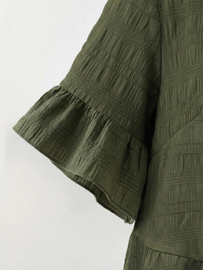 Linhara Plus Size Women's Summer Army Green Boho Vacation Top,Round Neck Ruffle Trim Short Sleeve Textured Plaid Bohemian Clothes
