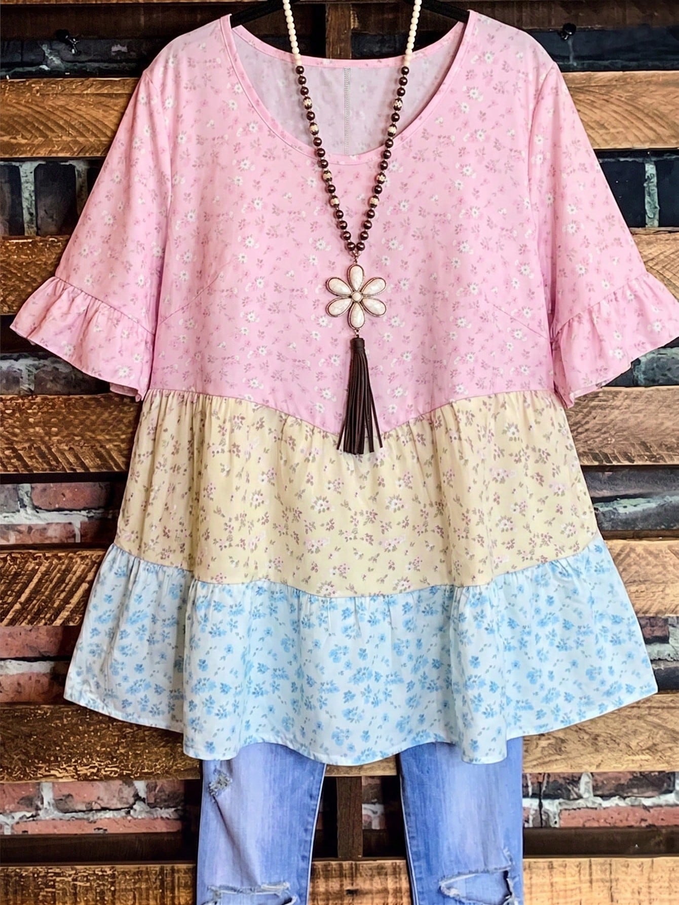 Linhara Plus Size Women's Summer Army Green Boho Vacation Top,Round Neck Ruffle Trim Short Sleeve Textured Plaid Bohemian Clothes