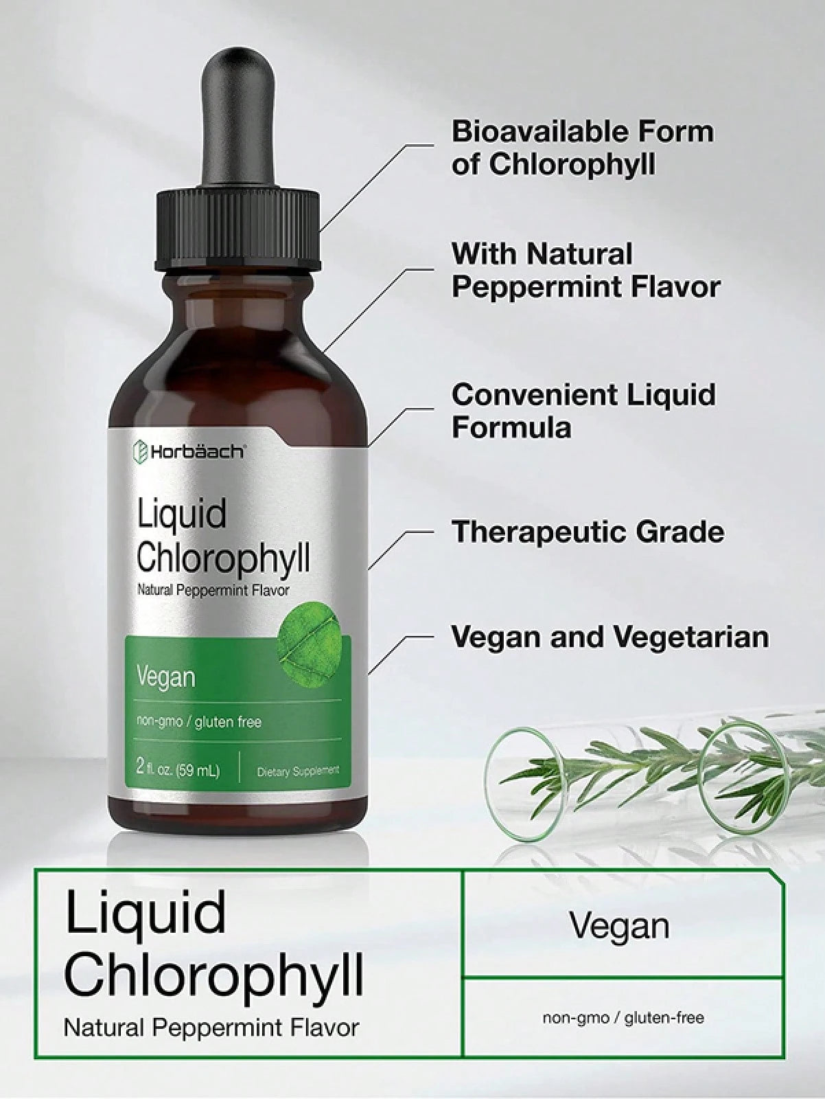 Liquid Chlorophyll Drops 2 Oz, Non-GMO, Natural Peppermint Flavor, By Horbaach