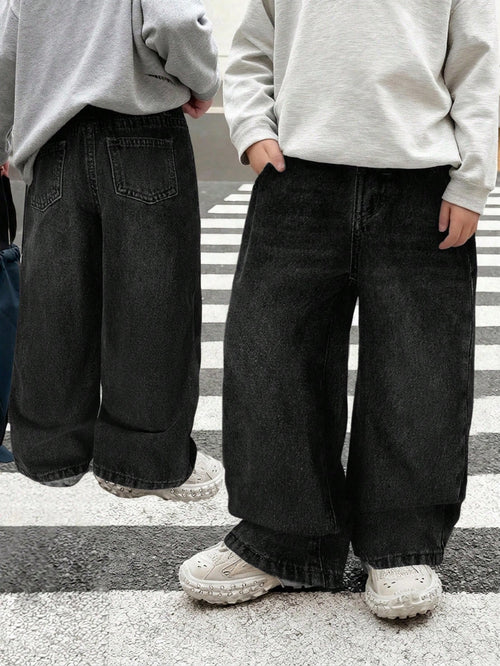 Little Byeori Young Boy Casual Black Denim Loose Fit Pants With Slant Pockets