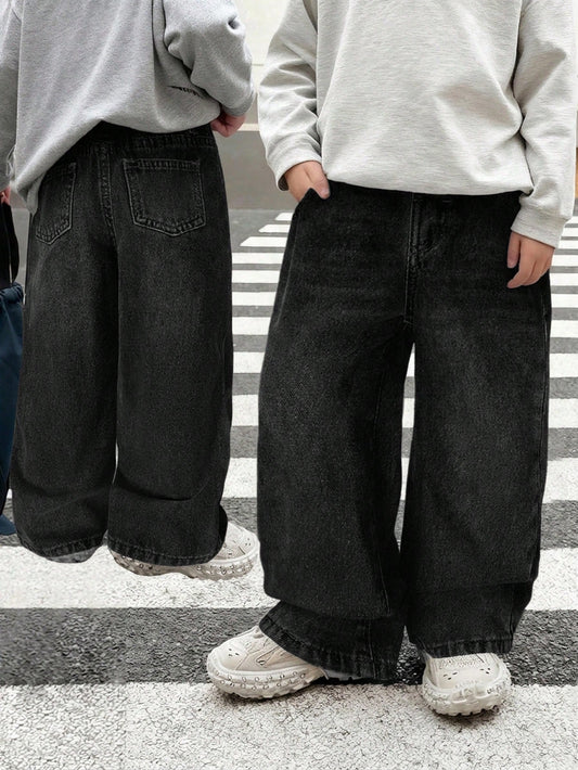 Little Byeori Young Boy Casual Black Denim Loose Fit Pants With Slant Pockets