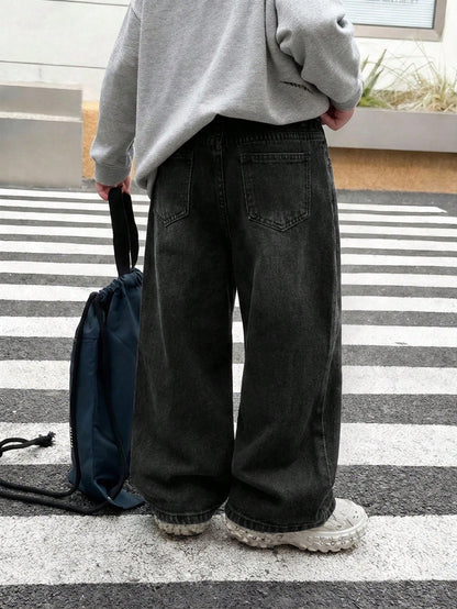 Little Byeori Young Boy Casual Black Denim Loose Fit Pants With Slant Pockets