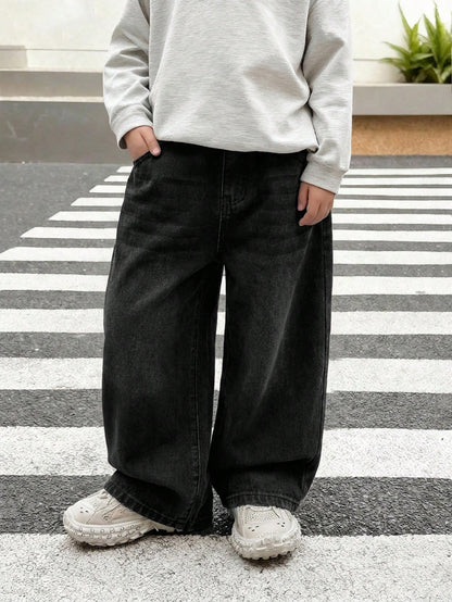 Little Byeori Young Boy Casual Black Denim Loose Fit Pants With Slant Pockets