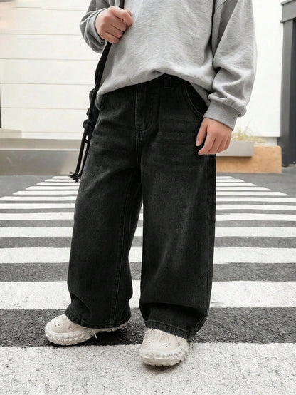 Little Byeori Young Boy Casual Black Denim Loose Fit Pants With Slant Pockets