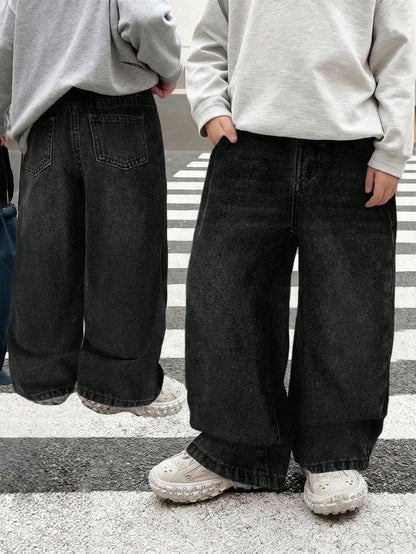 Little Byeori Young Boy Casual Black Denim Loose Fit Pants With Slant Pockets