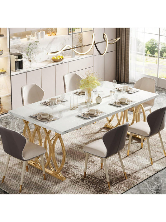 LITTLE TREE 63" Dining Table For 4-6, Rectangular Dinner Table With Faux Marble Top, Kitchen Table For Kitchen & Dining Room, White & Gold