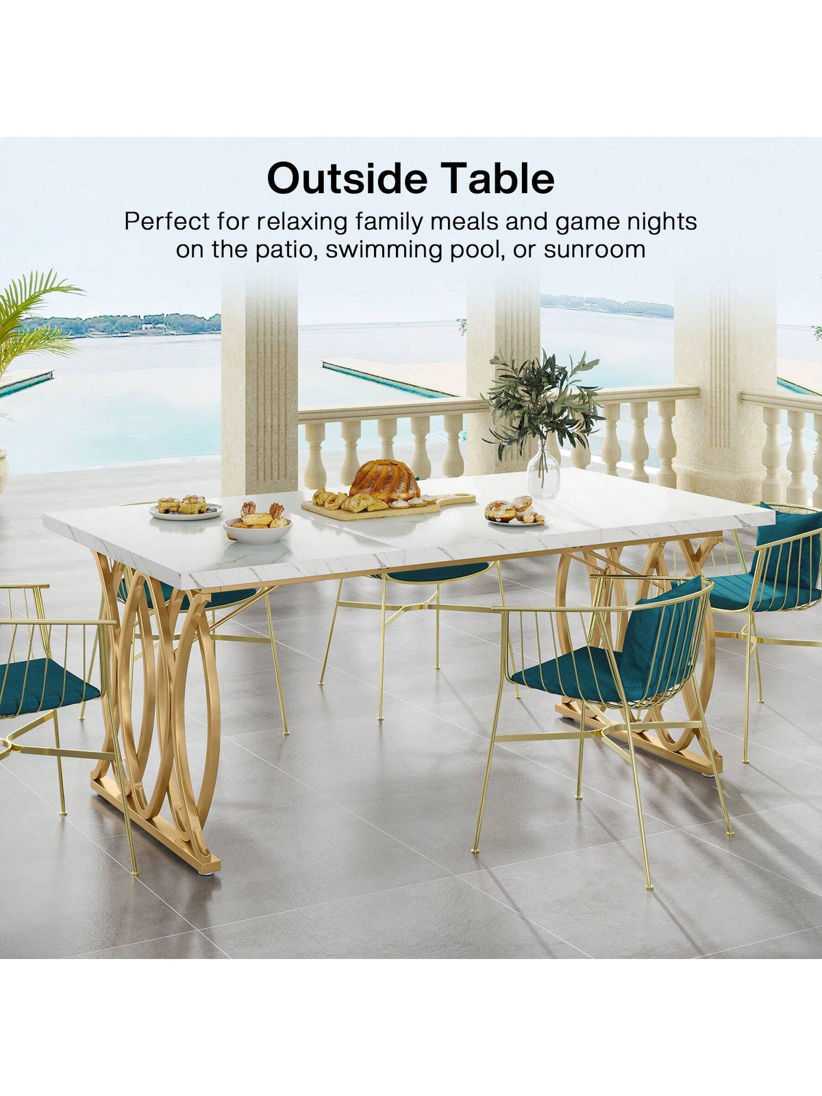 LITTLE TREE 63" Dining Table For 4-6, Rectangular Dinner Table With Faux Marble Top, Kitchen Table For Kitchen & Dining Room, White & Gold