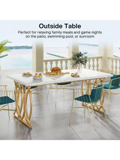 LITTLE TREE 63" Dining Table For 4-6, Rectangular Dinner Table With Faux Marble Top, Kitchen Table For Kitchen & Dining Room, White & Gold