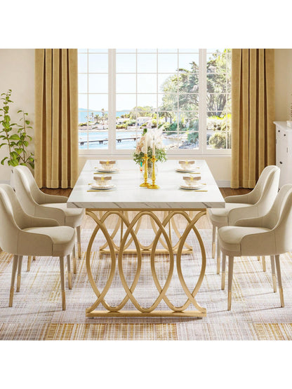 LITTLE TREE 63" Dining Table For 4-6, Rectangular Dinner Table With Faux Marble Top, Kitchen Table For Kitchen & Dining Room, White & Gold