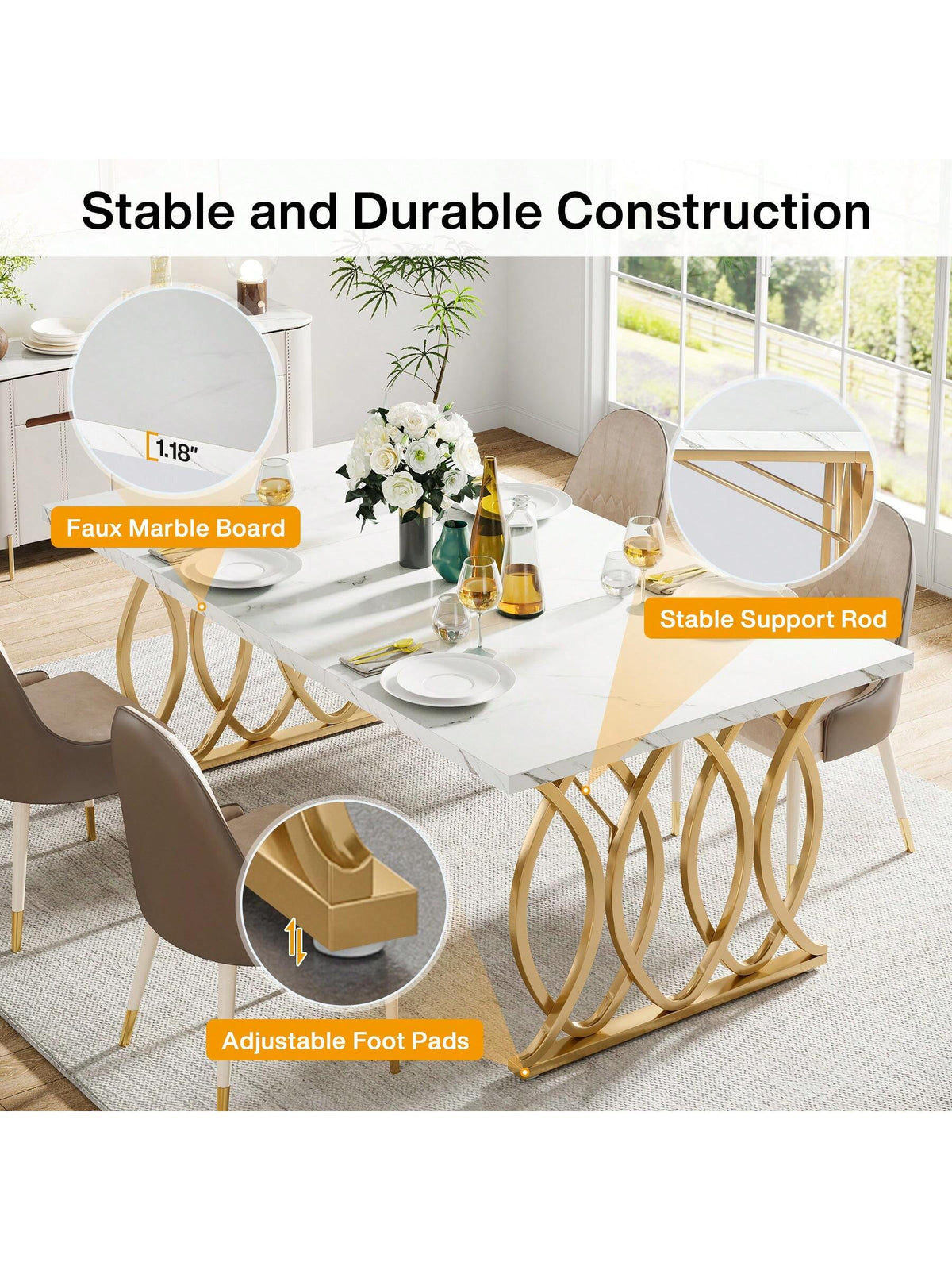 LITTLE TREE 63" Dining Table For 4-6, Rectangular Dinner Table With Faux Marble Top, Kitchen Table For Kitchen & Dining Room, White & Gold