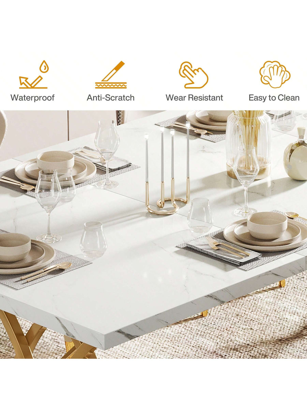 LITTLE TREE 63" Dining Table For 4-6, Rectangular Dinner Table With Faux Marble Top, Kitchen Table For Kitchen & Dining Room, White & Gold