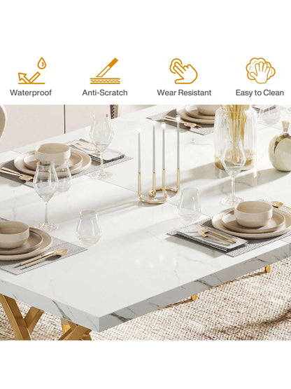 LITTLE TREE 63" Dining Table For 4-6, Rectangular Dinner Table With Faux Marble Top, Kitchen Table For Kitchen & Dining Room, White & Gold
