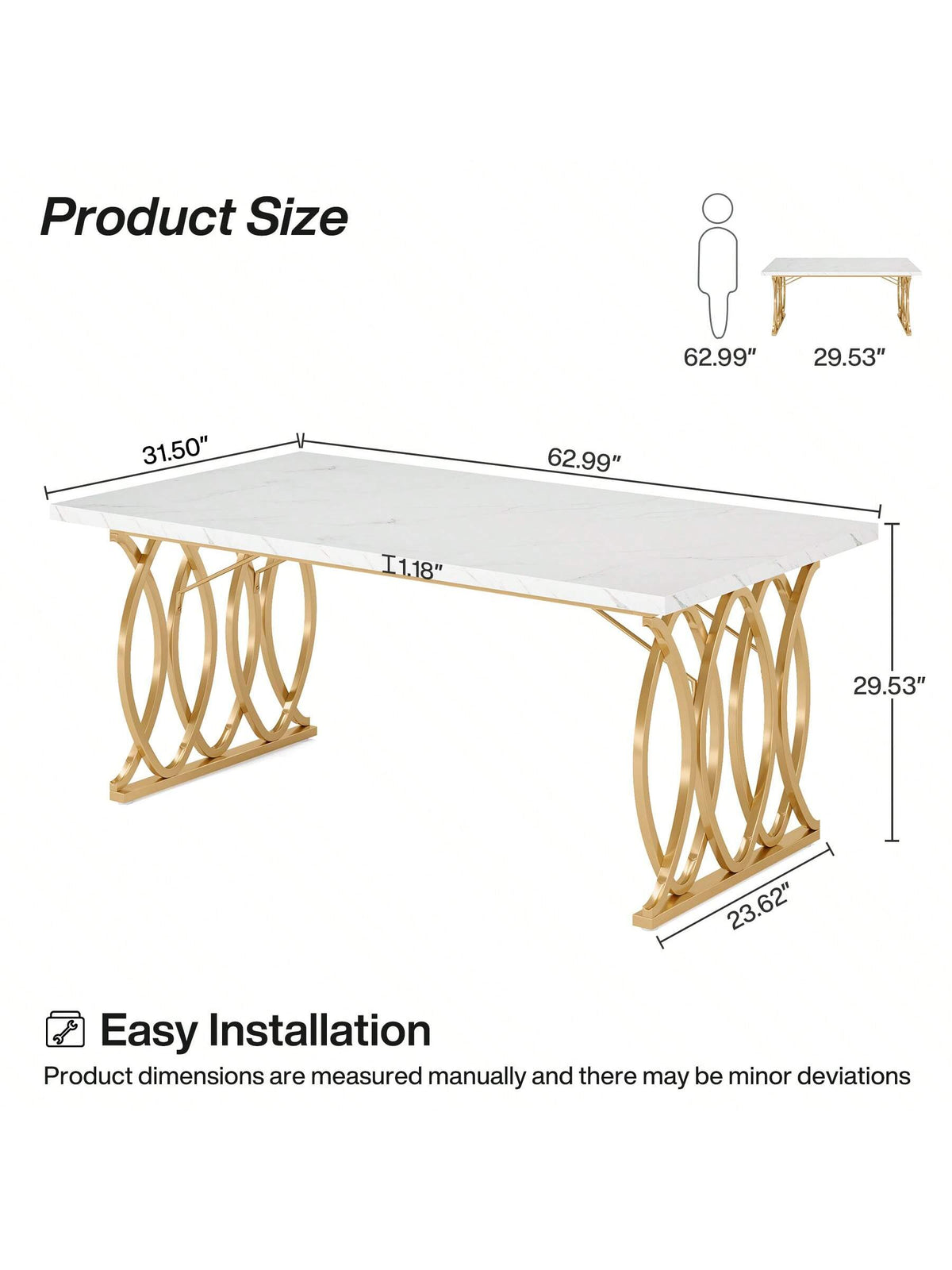 LITTLE TREE 63" Dining Table For 4-6, Rectangular Dinner Table With Faux Marble Top, Kitchen Table For Kitchen & Dining Room, White & Gold