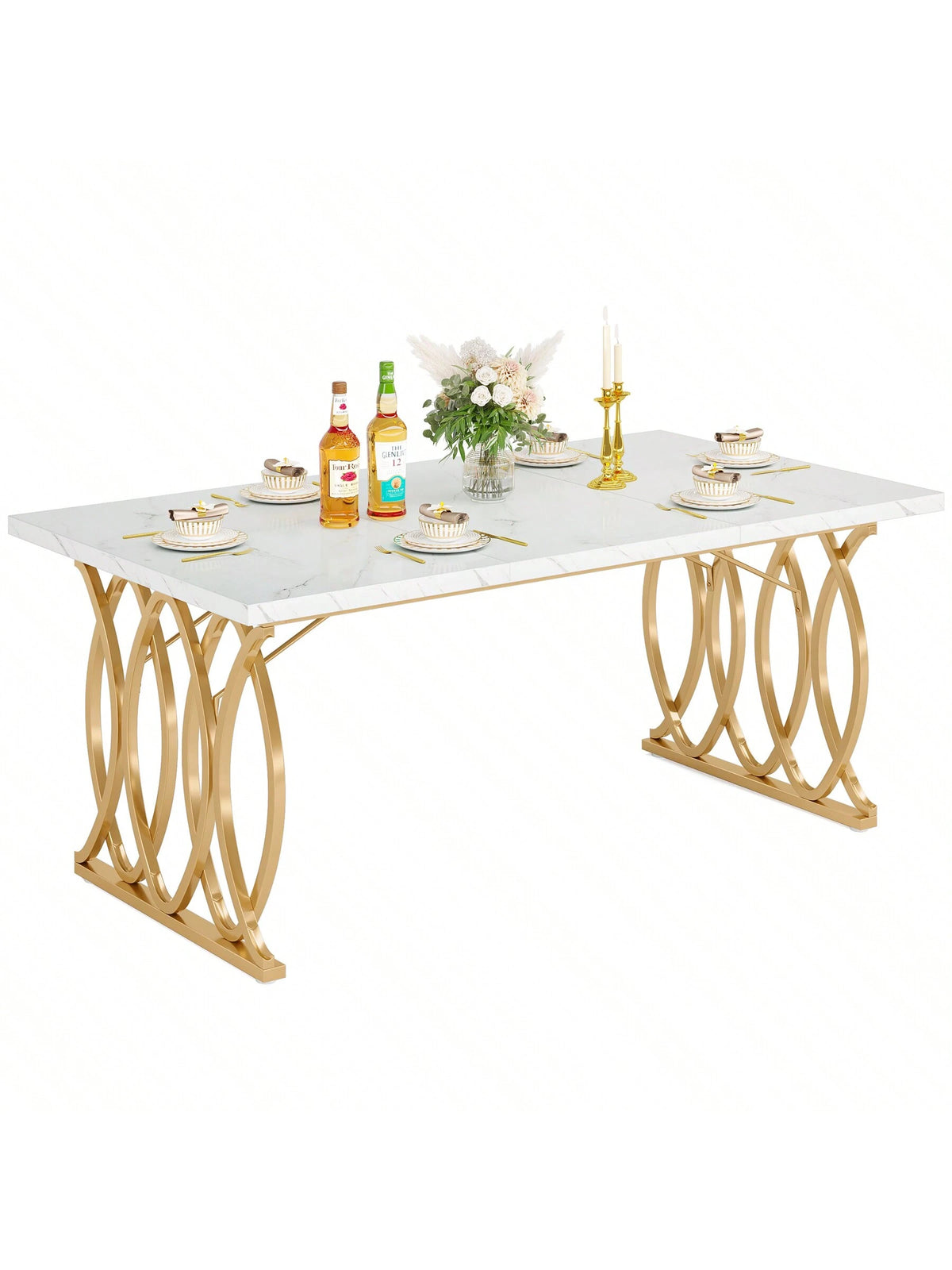 LITTLE TREE 63" Dining Table For 4-6, Rectangular Dinner Table With Faux Marble Top, Kitchen Table For Kitchen & Dining Room, White & Gold