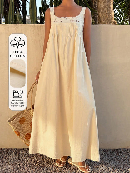 Livesso Women's Summer Holiday Elegant Party Easter All Cotton Loose Sleeveless Midi Dress