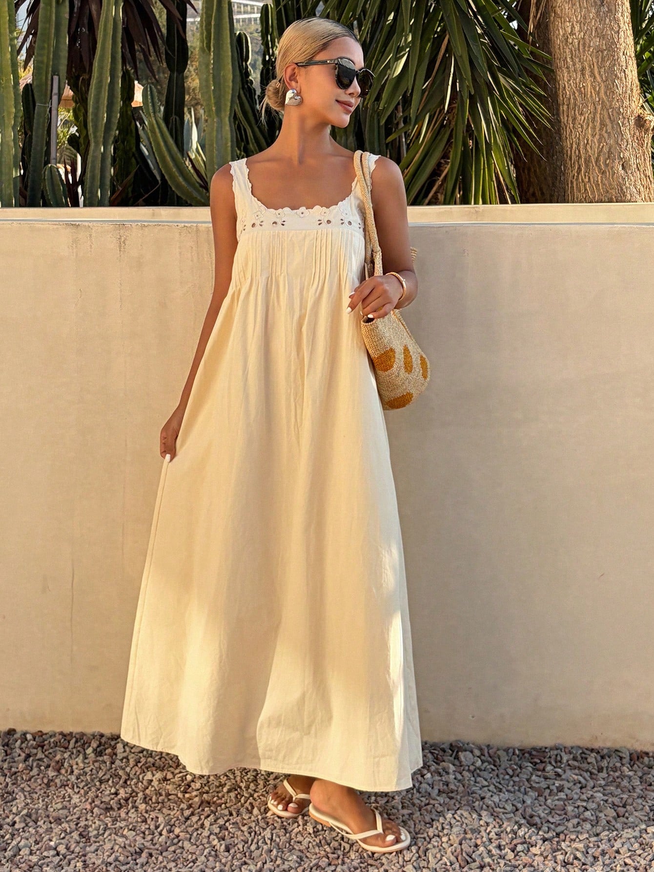 Livesso Women's Summer Holiday Elegant Party Easter All Cotton Loose Sleeveless Midi Dress