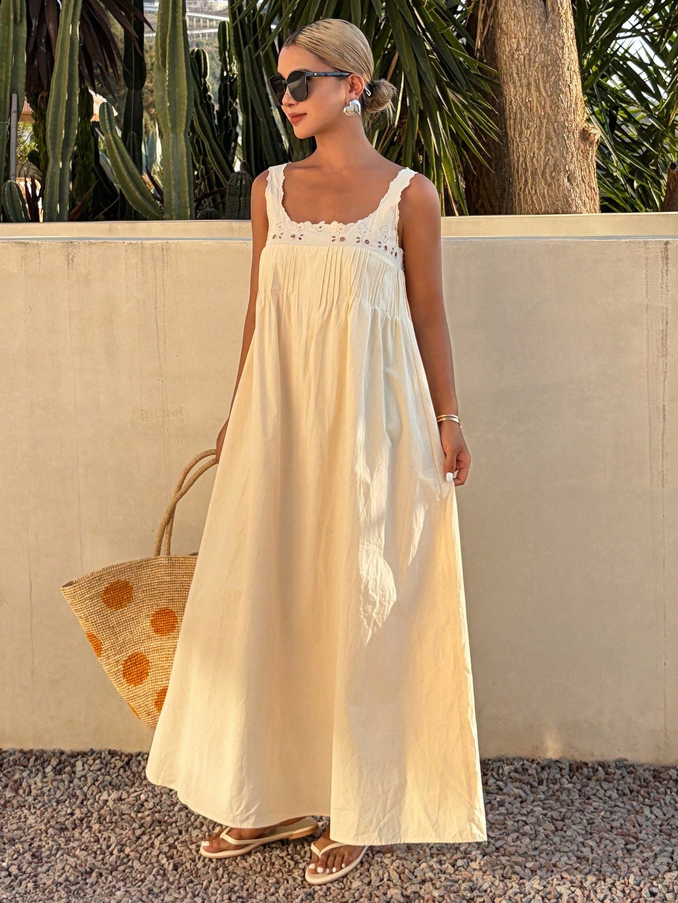 Livesso Women's Summer Holiday Elegant Party Easter All Cotton Loose Sleeveless Midi Dress