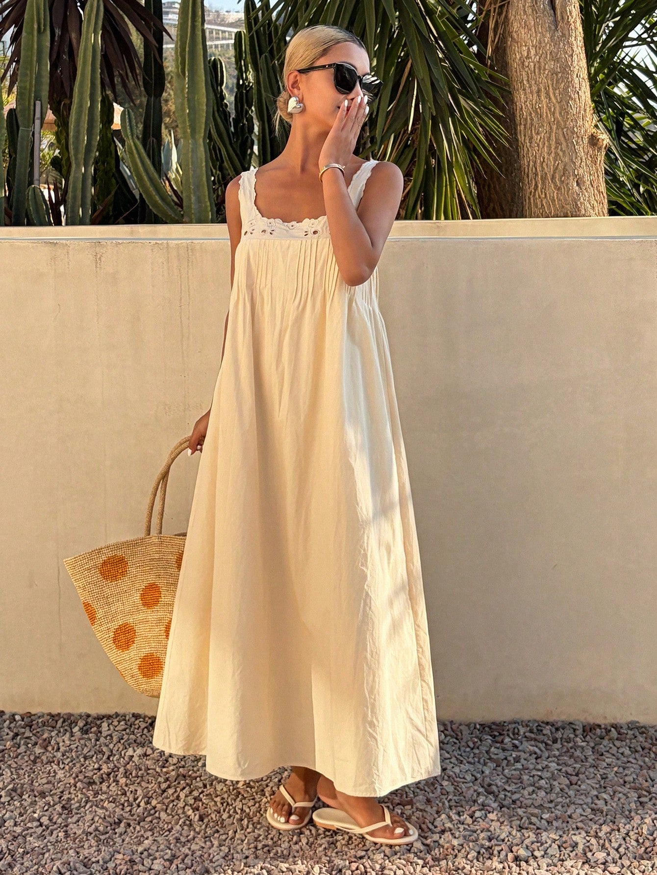 Livesso Women's Summer Holiday Elegant Party Easter All Cotton Loose Sleeveless Midi Dress