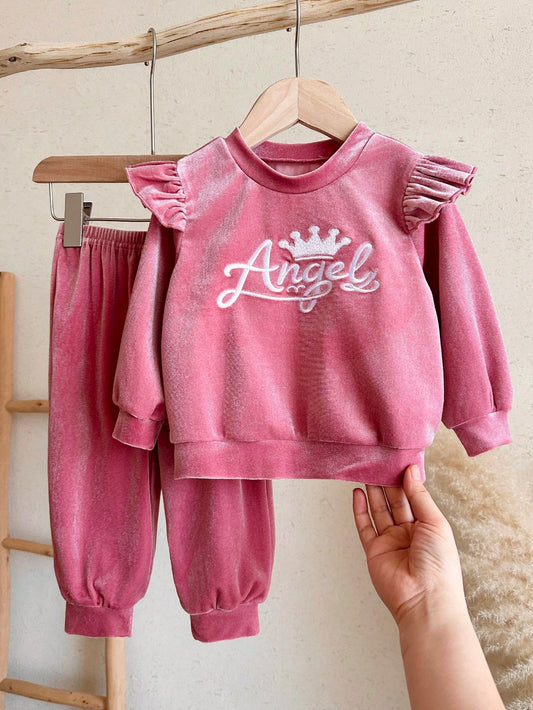 LMoss Kids Baby Girl Letter Print Flutter Sleeve Long Sleeve T-Shirt And Pants Casual Everyday Set
