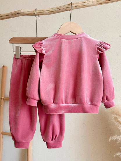 LMoss Kids Baby Girl Letter Print Flutter Sleeve Long Sleeve T-Shirt And Pants Casual Everyday Set