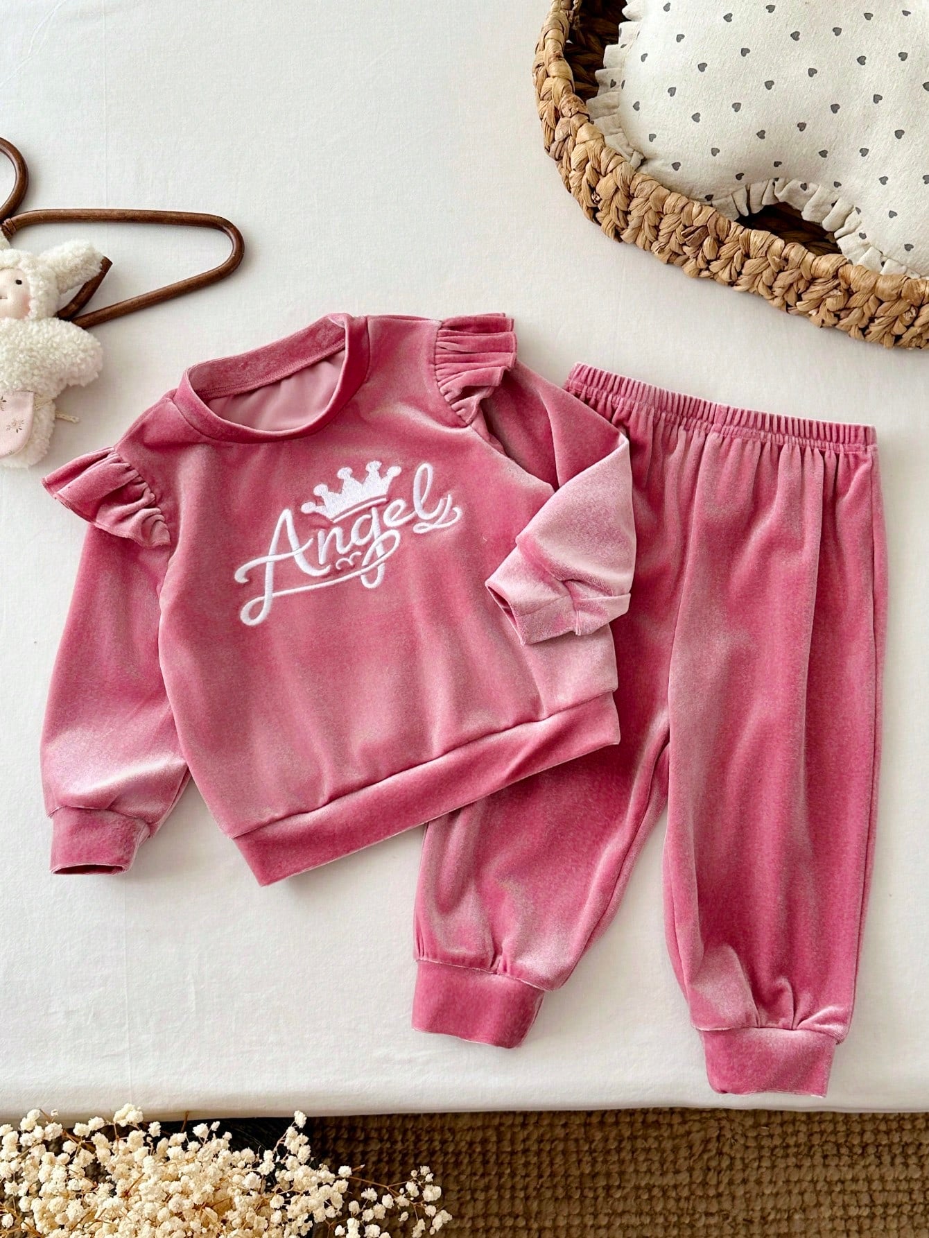 LMoss Kids Baby Girl Letter Print Flutter Sleeve Long Sleeve T-Shirt And Pants Casual Everyday Set
