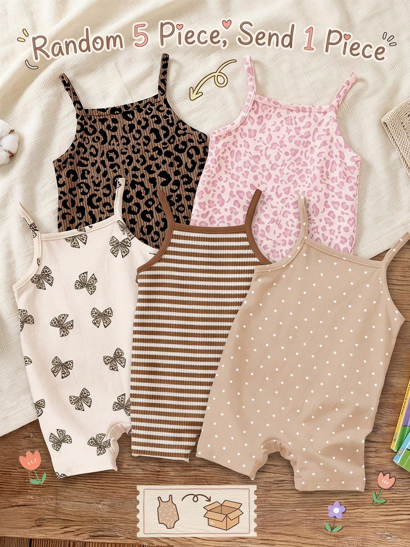 LMoss Kids [Random 5pcs, Send 1pc]Vintage Cute Leopard Print Series, Chill Chill, Baby Girl Casual Camisole Romper Shorts Suitable For Spring And Summer