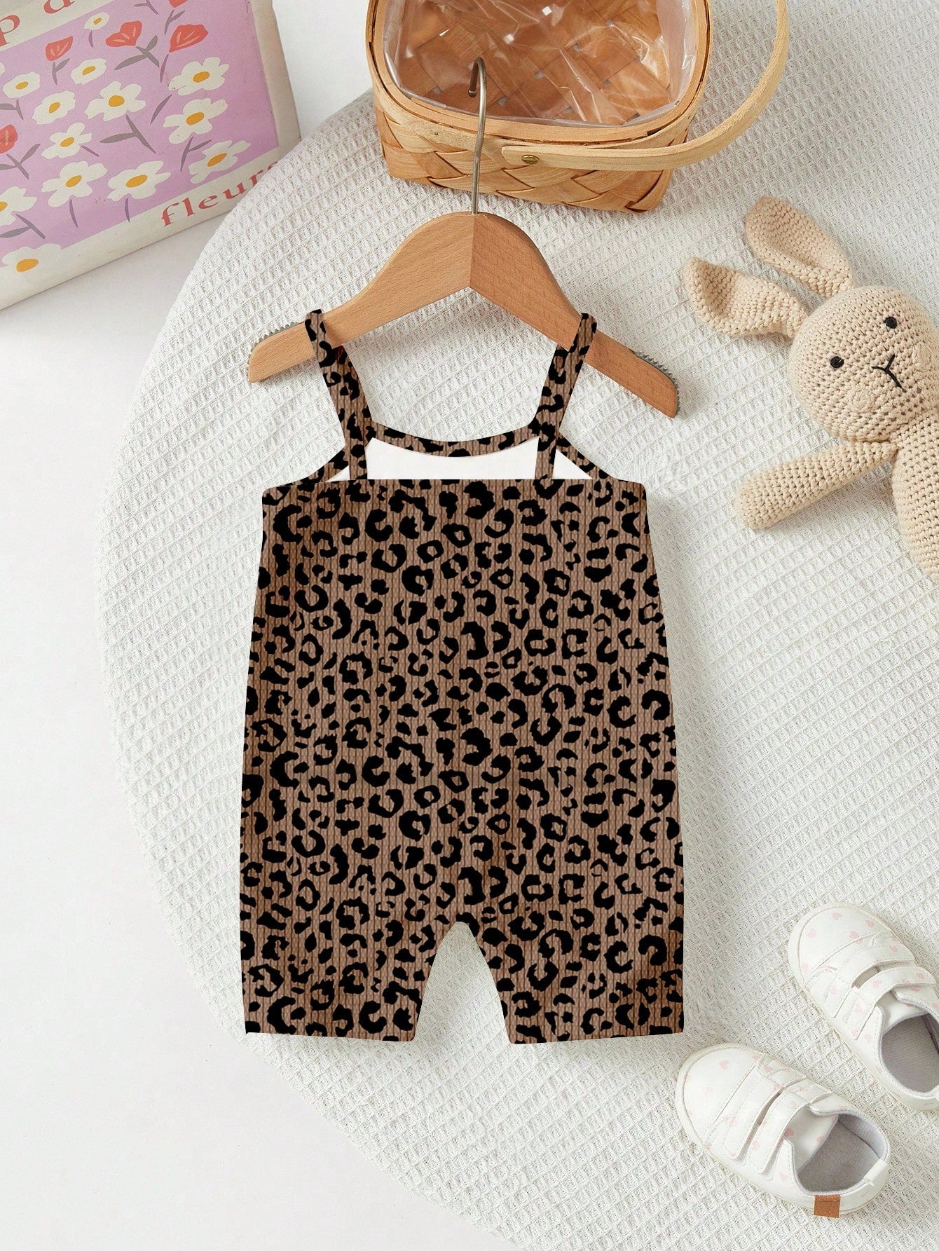 LMoss Kids [Random 5pcs, Send 1pc]Vintage Cute Leopard Print Series, Chill Chill, Baby Girl Casual Camisole Romper Shorts Suitable For Spring And Summer