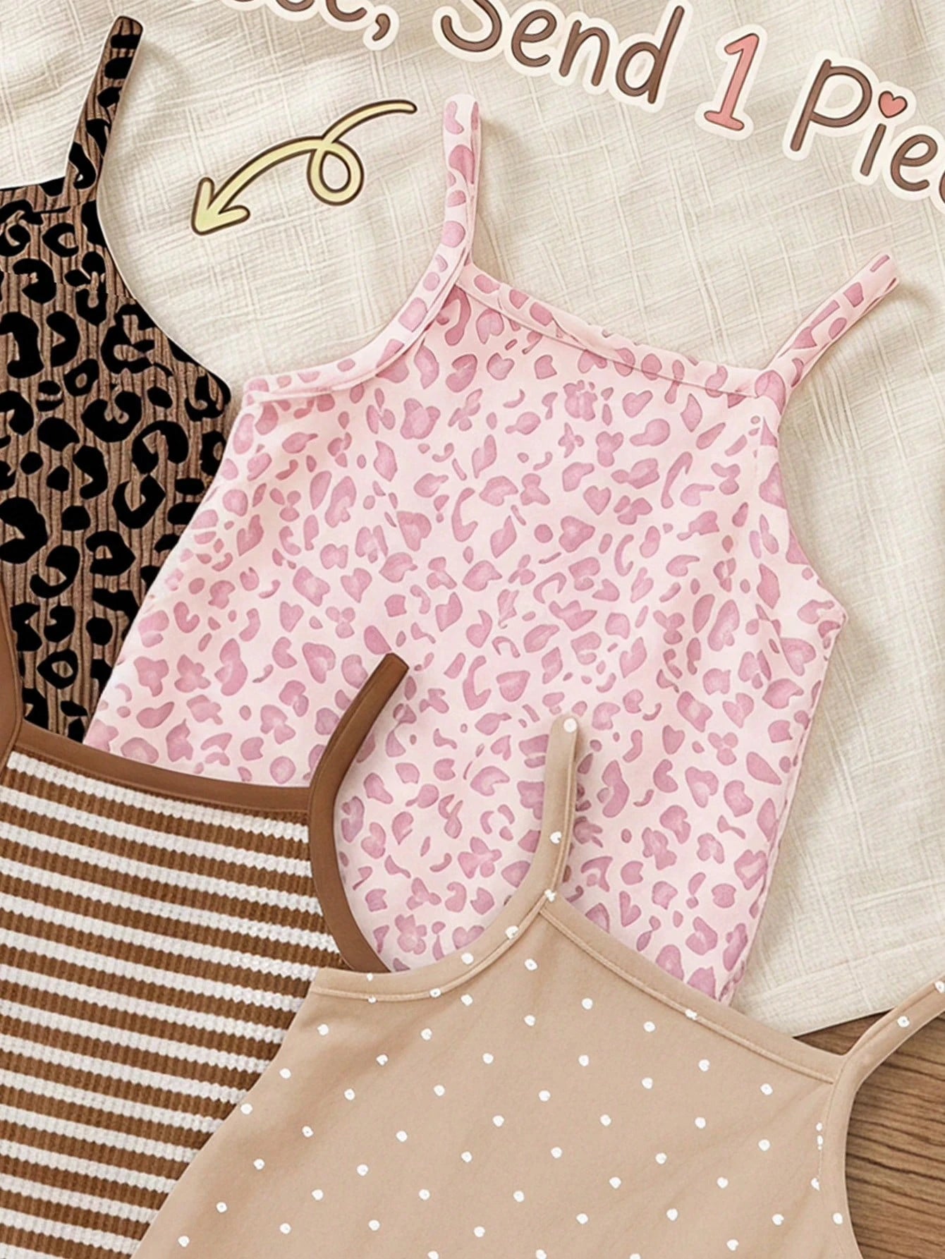 LMoss Kids [Random 5pcs, Send 1pc]Vintage Cute Leopard Print Series, Chill Chill, Baby Girl Casual Camisole Romper Shorts Suitable For Spring And Summer