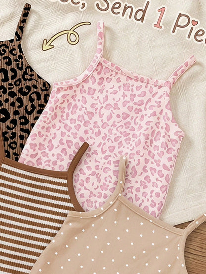 LMoss Kids [Random 5pcs, Send 1pc]Vintage Cute Leopard Print Series, Chill Chill, Baby Girl Casual Camisole Romper Shorts Suitable For Spring And Summer