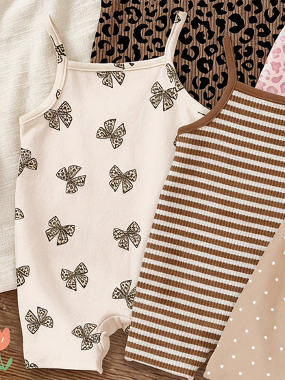 LMoss Kids [Random 5pcs, Send 1pc]Vintage Cute Leopard Print Series, Chill Chill, Baby Girl Casual Camisole Romper Shorts Suitable For Spring And Summer