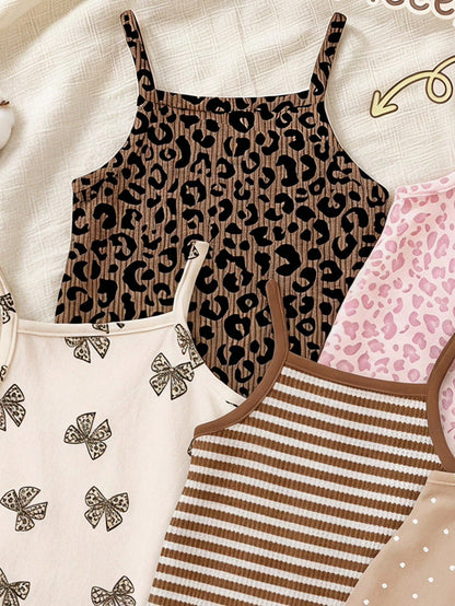 LMoss Kids [Random 5pcs, Send 1pc]Vintage Cute Leopard Print Series, Chill Chill, Baby Girl Casual Camisole Romper Shorts Suitable For Spring And Summer