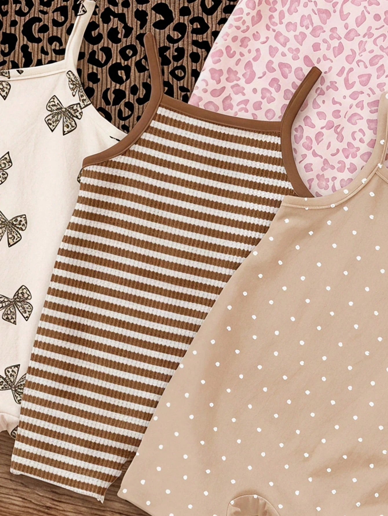LMoss Kids [Random 5pcs, Send 1pc]Vintage Cute Leopard Print Series, Chill Chill, Baby Girl Casual Camisole Romper Shorts Suitable For Spring And Summer