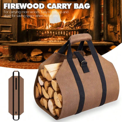 Log Carrier Bag, Durable Wood Tote With Handles, Heavy Duty Log Carrier For Firewood, Firewood Bag For Indoor Outdoor, Camping Trip Christmas Gift, Brown