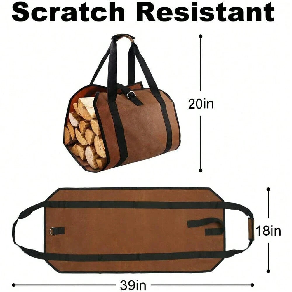 Log Carrier Bag, Durable Wood Tote With Handles, Heavy Duty Log Carrier For Firewood, Firewood Bag For Indoor Outdoor, Camping Trip Christmas Gift, Brown